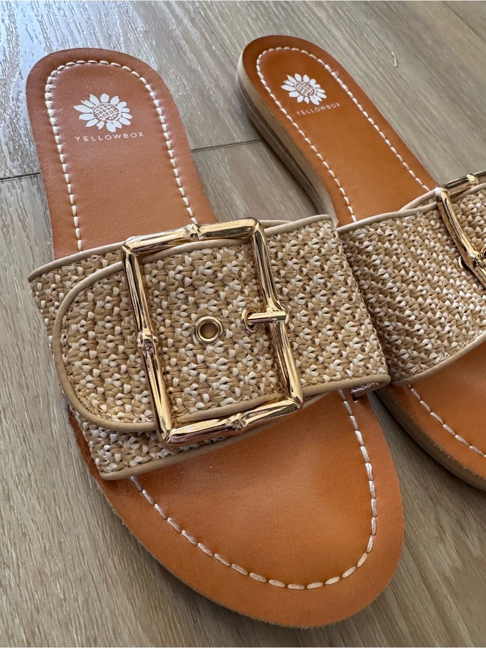 Yellow Box Tan Raffia Slide Sandals with Gold Buckle - Picture 2 of 3